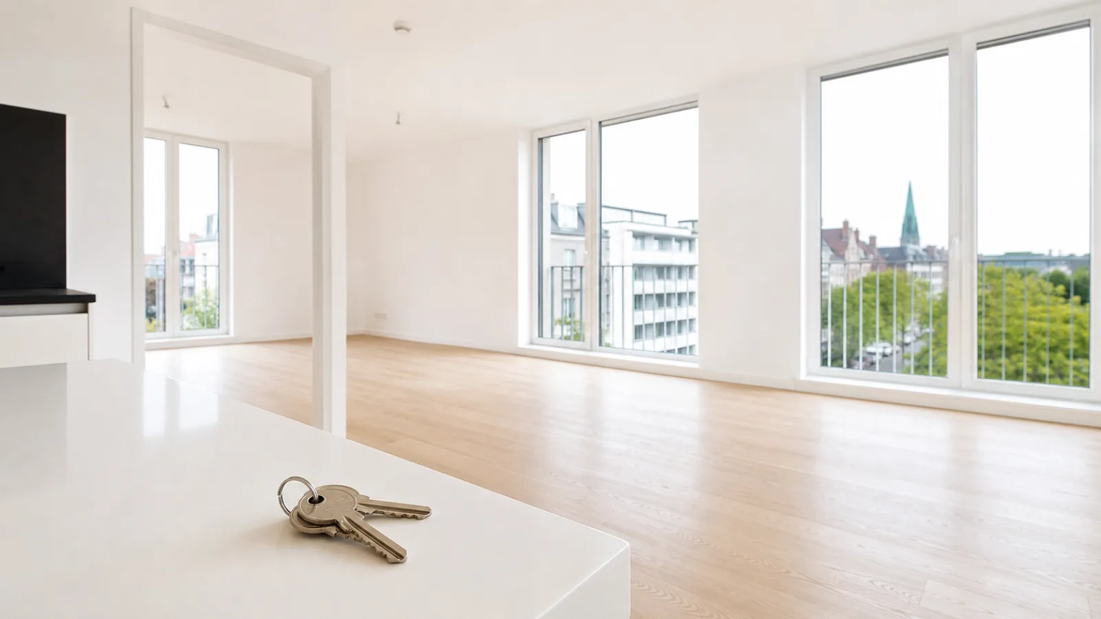Saubere, leere und bezugsfertige Hamburger Wohnung nach der Bauendreinigung, Schlüssel liegen auf der Fensterbank