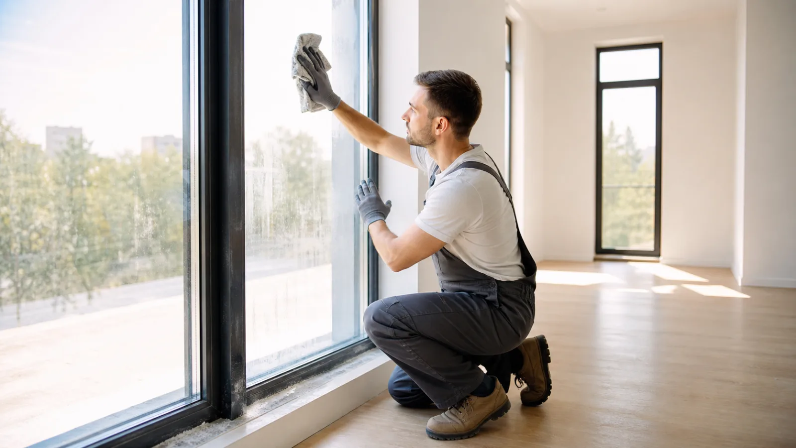 Bauendreinigung Hamburg, Reinigungskraft entfernt Baustaub an einem großen Fenster in einer frisch renovierten Wohnung