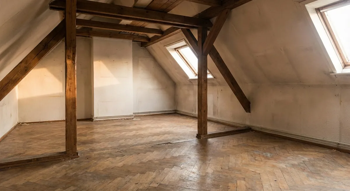 Leer geräumter, besenreiner Dachboden nach der Wohnungsauflösung in Hamburg