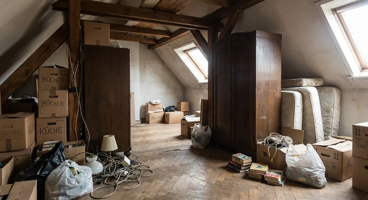Mit Umzugskartons, Schränken und Matratzen vollgestellter Dachboden vor der Wohnungsauflösung in Hamburg