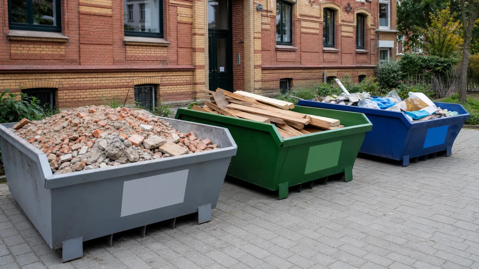 Getrennte Abfallcontainer für Bauschutt, Holz und Restmüll in einem Hamburger Hinterhof