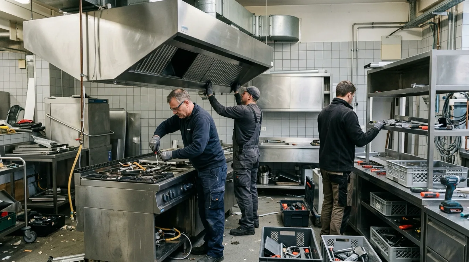 Team von Blitz räumt eine gewerbliche Edelstahlküche in einem Hamburger Restaurant