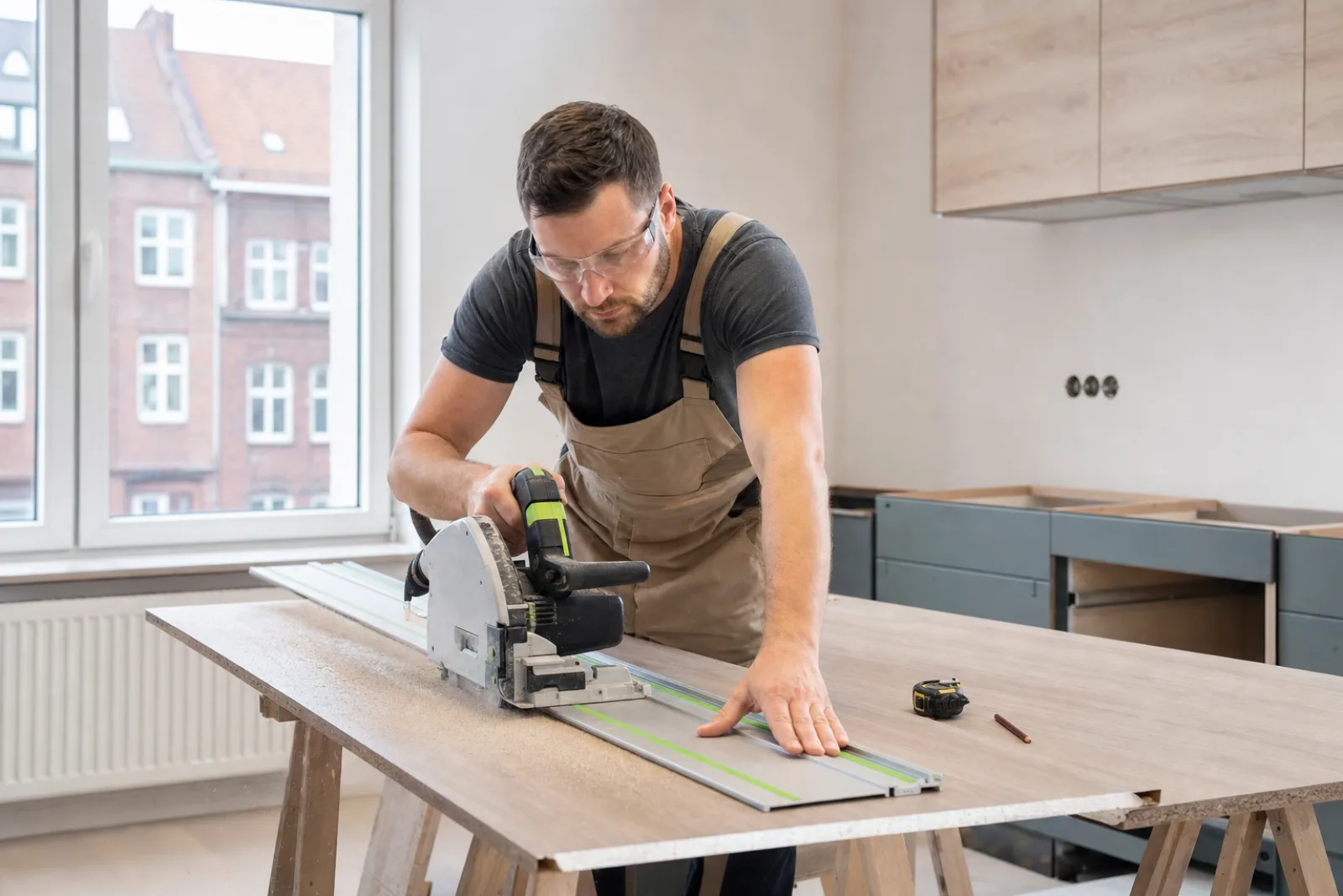 Monteur schneidet mit Tauchsäge und Führungsschiene eine Dekor-Arbeitsplatte auf Länge zu