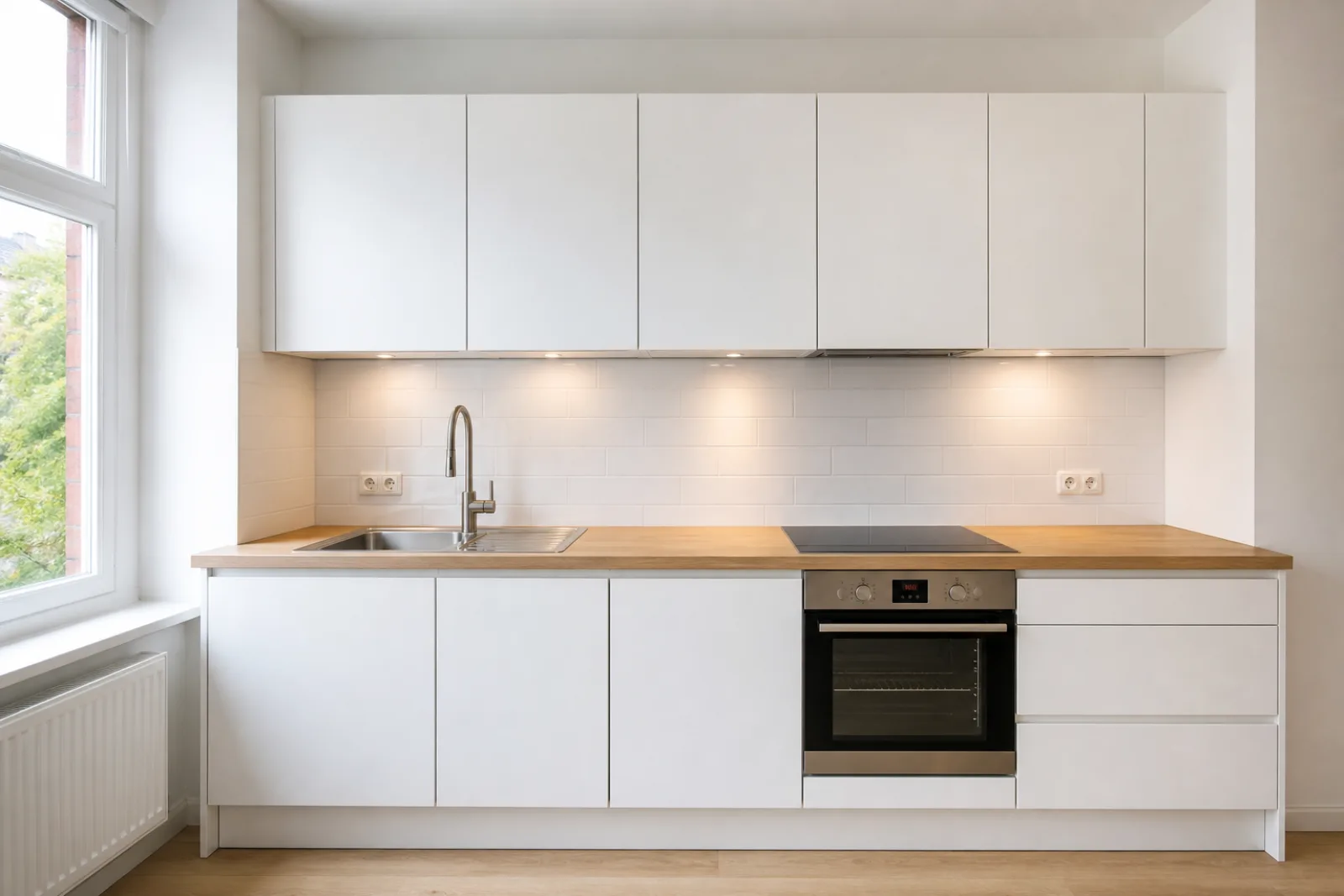 Komplett fertig montierte moderne Küche in Hamburg mit Unter- und Oberschränken, Kochfeld, Backofen, Spüle und eingepasster Arbeitsplatte