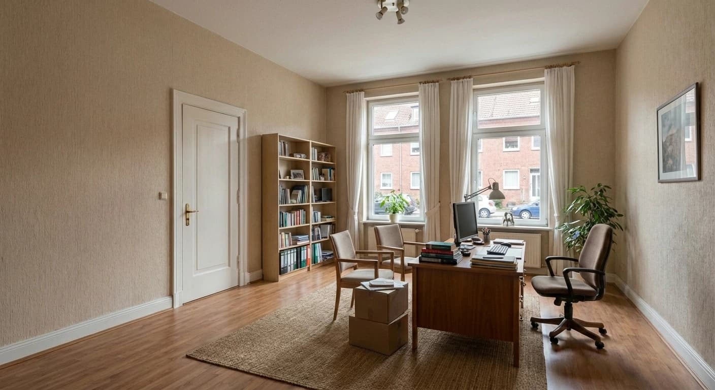 Möbliertes Zimmer mit Schreibtisch und Bücherregal vor der Wohnungsauflösung in Hamburg