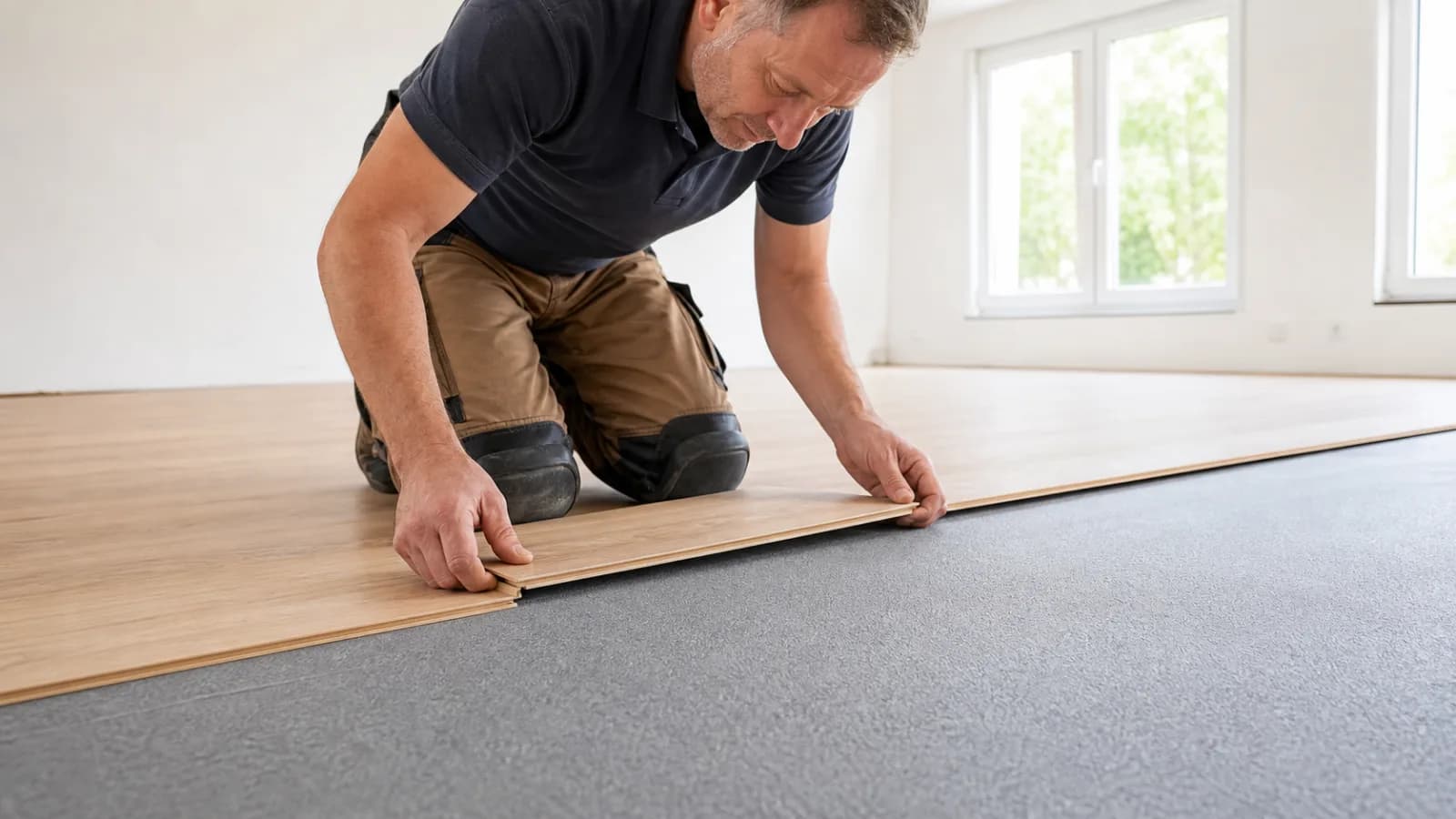 Bodenleger klickt Laminatdielen über einer grauen Trittschalldämmung in einem hellen Raum in Hamburg zusammen