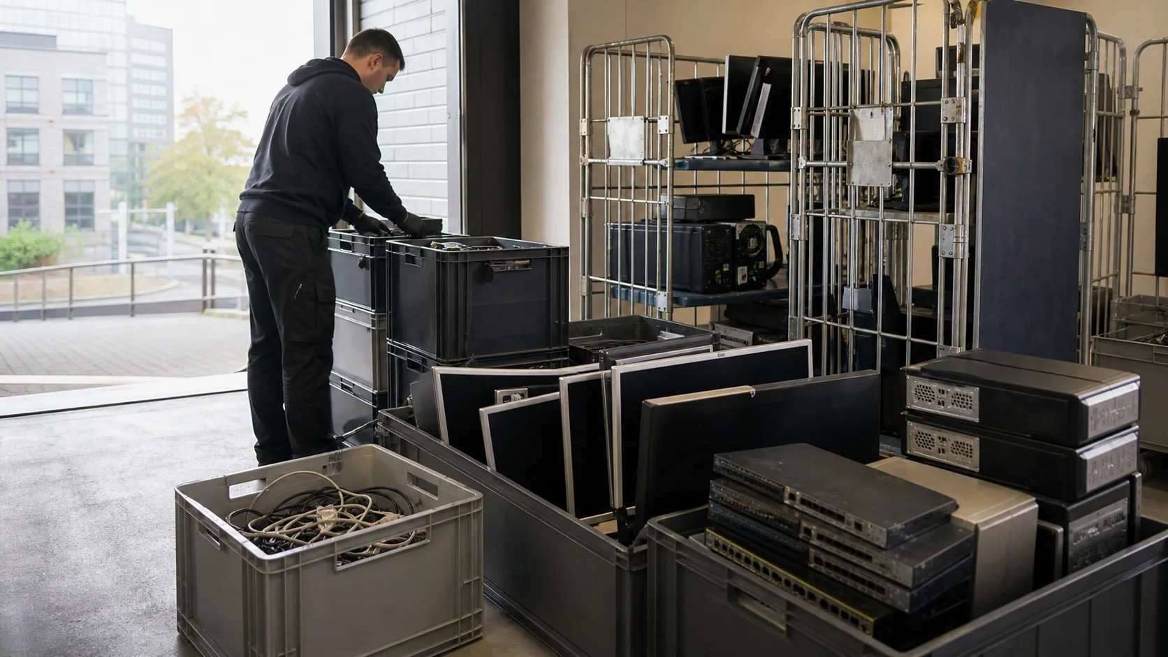 Sortierte Computer, Monitore und Netzwerktechnik für die fachgerechte IT-Entsorgung in Hamburg
