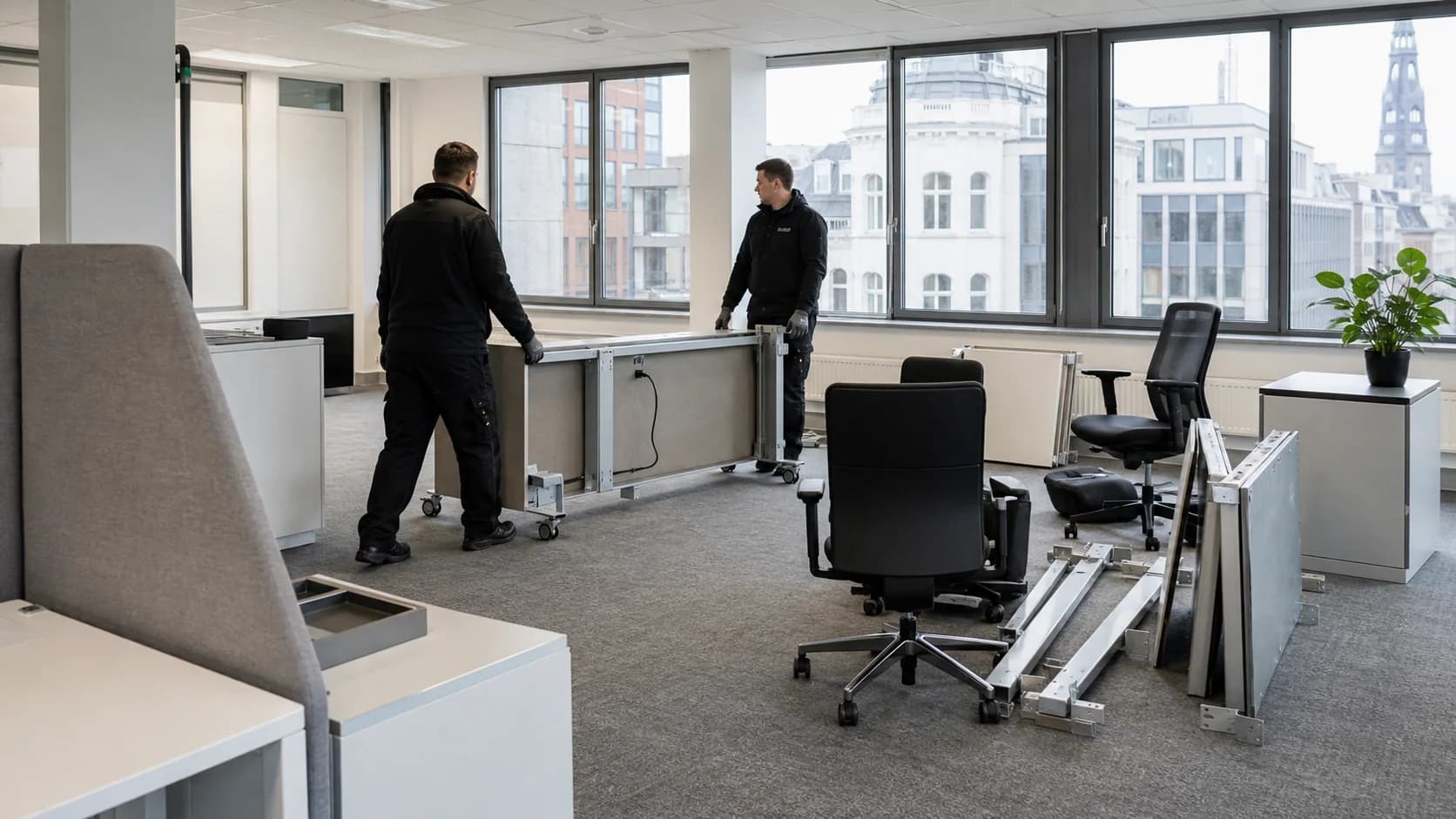Professionelles Team demontiert Arbeitsplätze bei einer Büroauflösung in Hamburg
