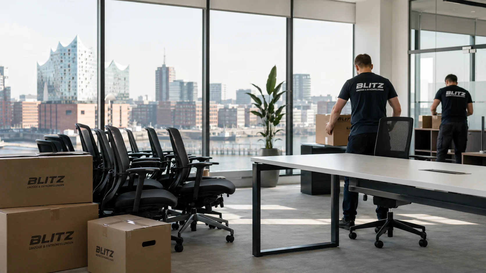 Professionelle Büroauflösung in Hamburg durch das Blitz Team mit Blick auf die Elbphilharmonie