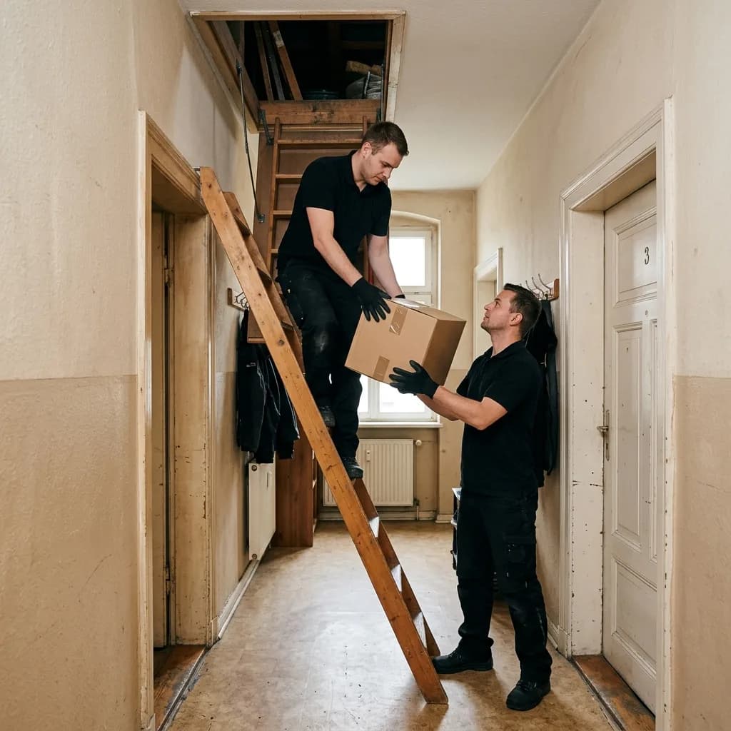 Kiste wird über eine steile Bodentreppe nach unten gereicht