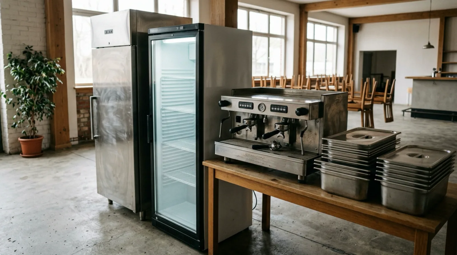 Gewerbliche Kühltechnik, Espressomaschine und Edelstahltechnik zur Bewertung und Wertanrechnung aufgereiht