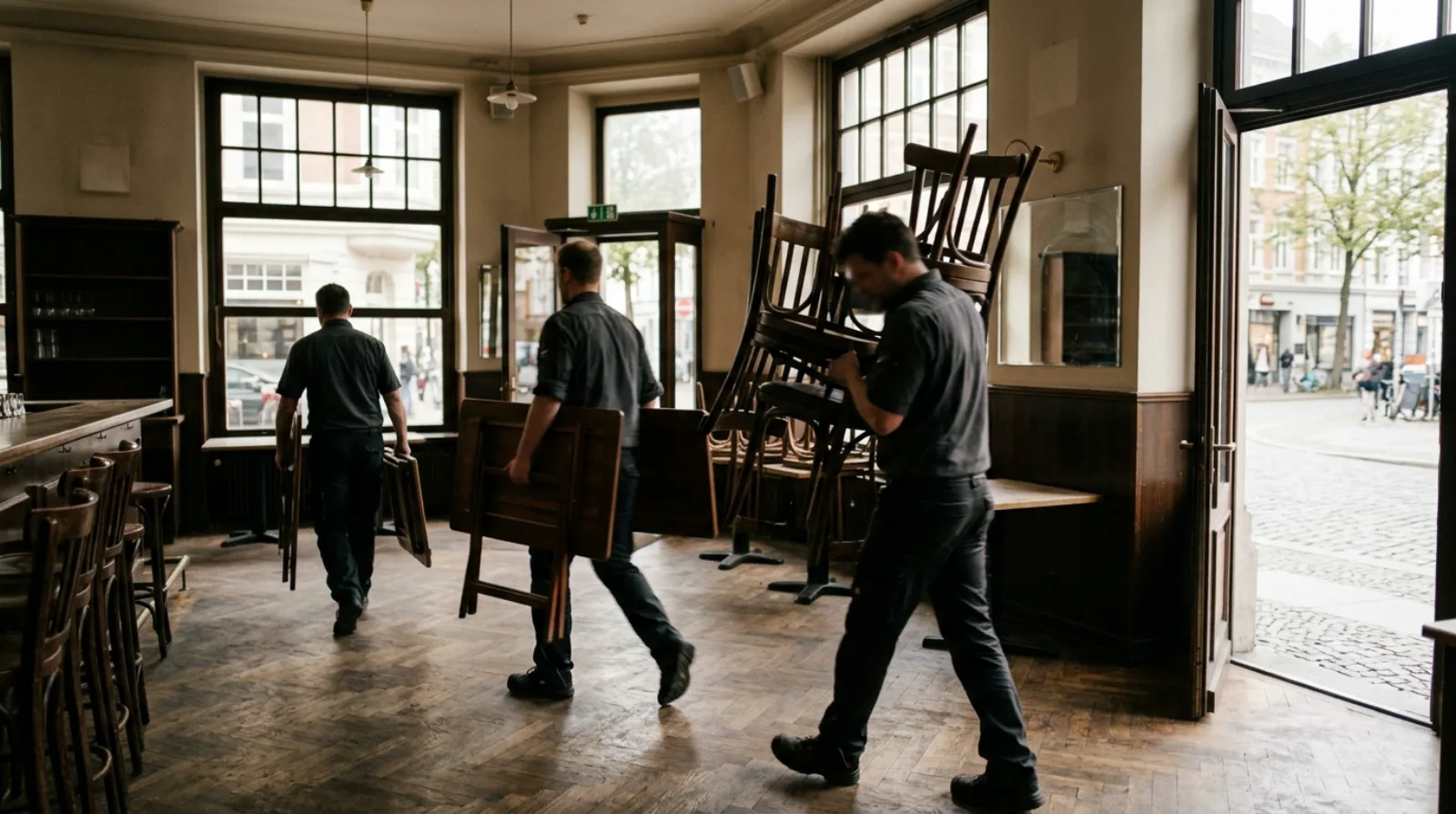 Räumungsteam von Blitz löst ein Restaurant in Hamburg auf und trägt gestapelte Stühle aus dem Gastraum