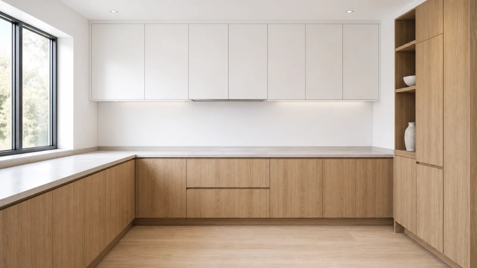 Fertig montierte moderne Küche mit Unter- und Oberschränken und eingepasster Arbeitsplatte in Hamburg
