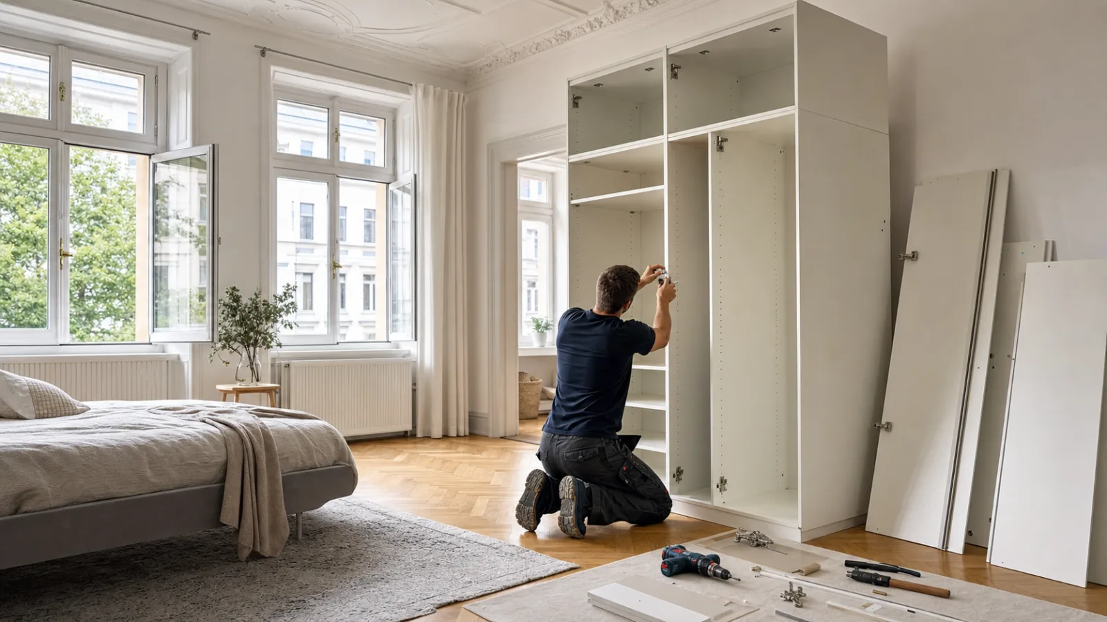 Monteur baut einen großen Kleiderschrank in einem Hamburger Altbau-Schlafzimmer auf