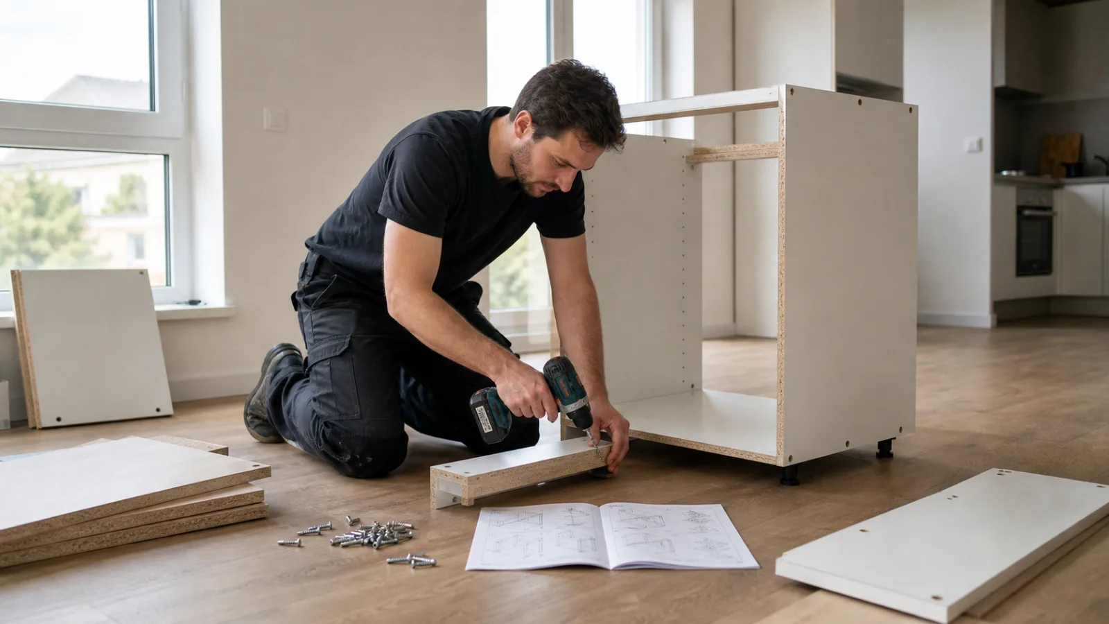 Monteur baut auf dem Boden einen Küchen-Unterschrank aus Flat-Pack-Teilen zusammen