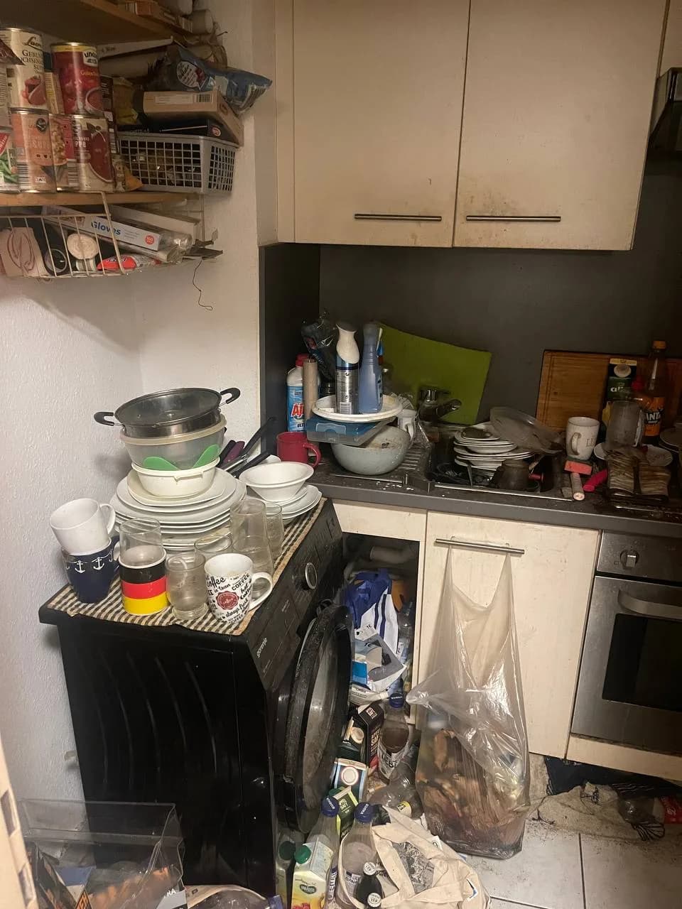 Spülbereich der Küche in Wandsbek mit Geschirr, Waschmaschine und Abfall