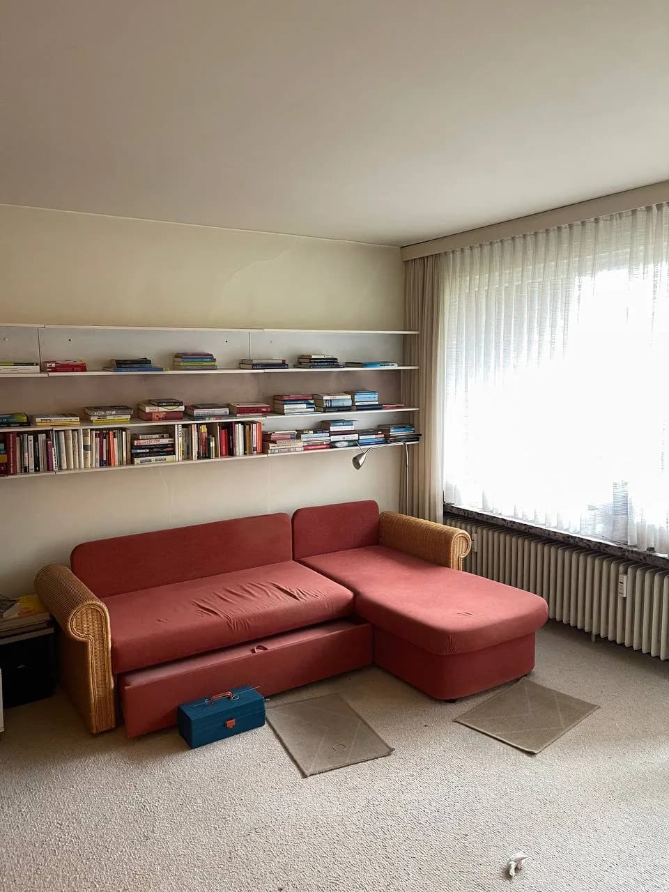 Wohnzimmer in Wedel mit Wandregalen voller Bücher und rotem Schlafsofa vor der Wohnungsauflösung