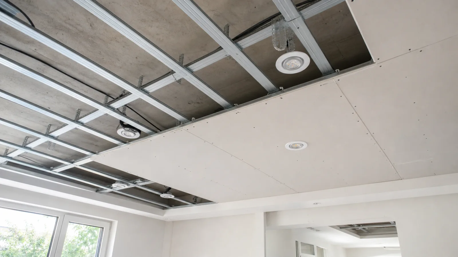Metallunterkonstruktion einer abgehängten Decke mit teilweise montierten Einbauspots