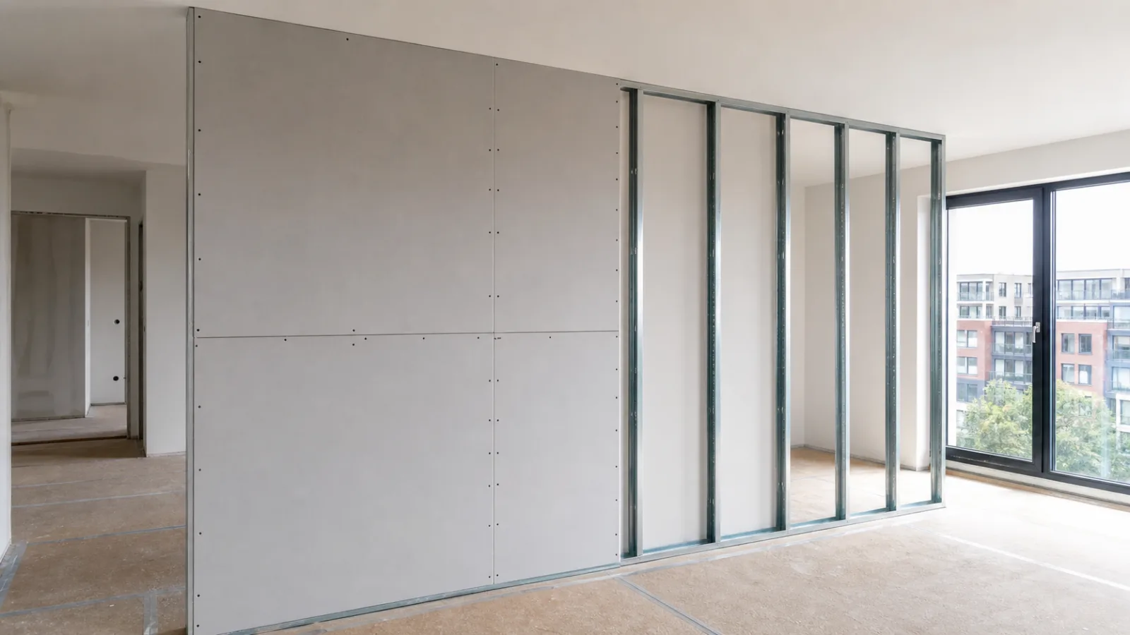 Metallständerwerk einer neuen Trockenbauwand in einer hellen Hamburger Wohnung