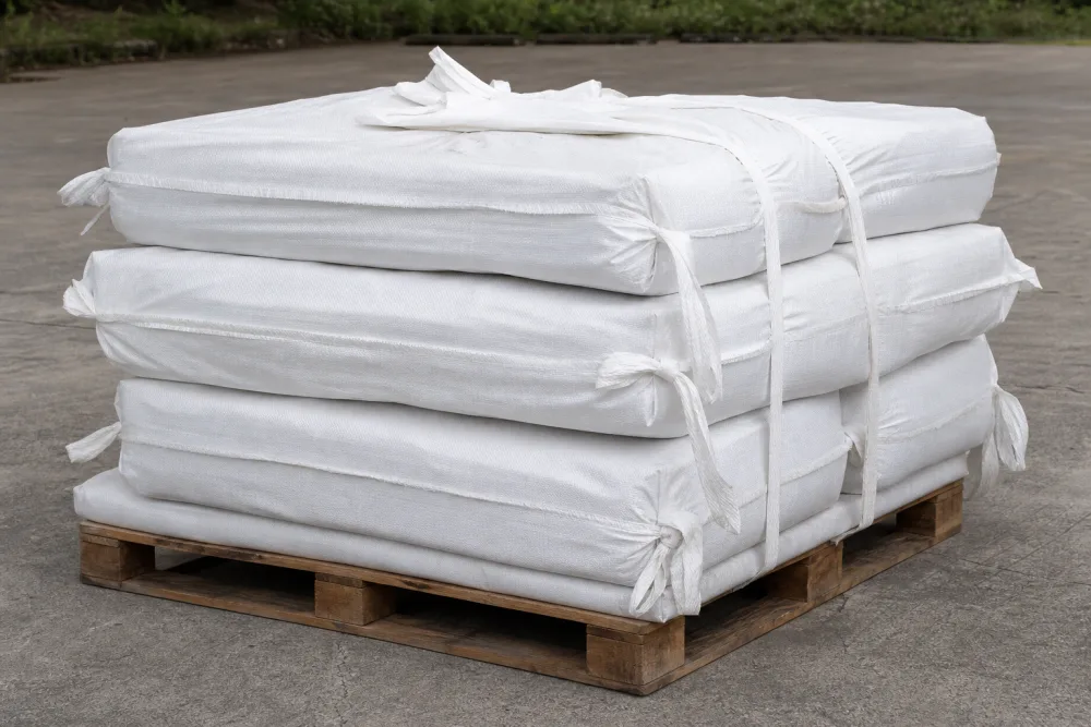 Reißfeste Big Bags mit verpackten Platten auf einer Palette, staubdicht versiegelt