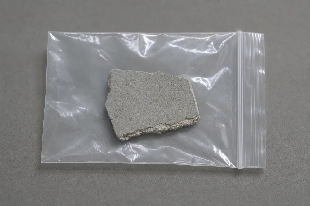 Kleine Materialprobe einer grauen Zementplatte in einem Zip-Beutel für die Laboranalyse