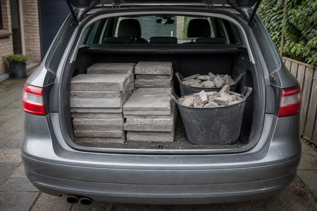 Kofferraum eines Kombis beladen mit Gehwegplatten und zwei Eimern Bauschutt für die Fahrt zum Recyclinghof