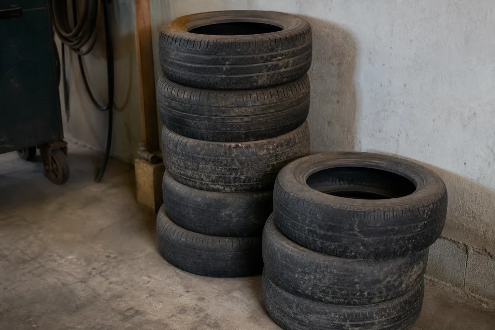 Stapel alter Autoreifen in einer Garage, Entsorgung in Hamburg 7 Euro pro Reifen