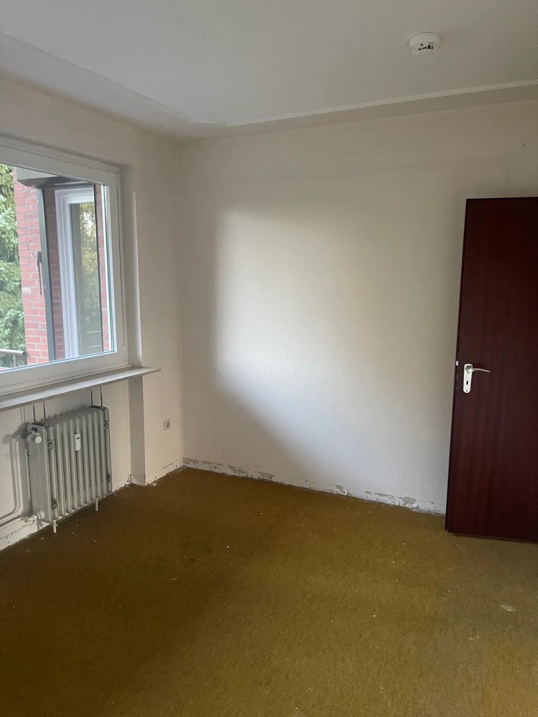 Leeres Zimmer mit senfgrünem Teppichboden und dunkelroter Tür in Hamburg-Berne